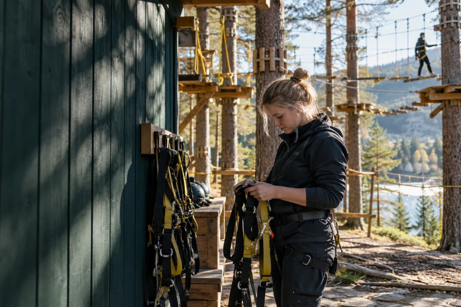 Instruktører gjør klar ziplineområdet før aktivitetsparken åpner