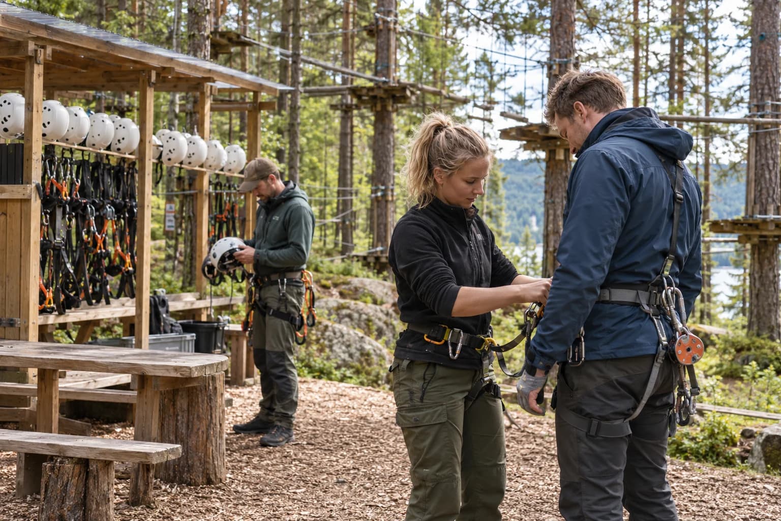 Instruktører med sikkerhetsutstyr gjør klar en ziplinepark ved dagens start