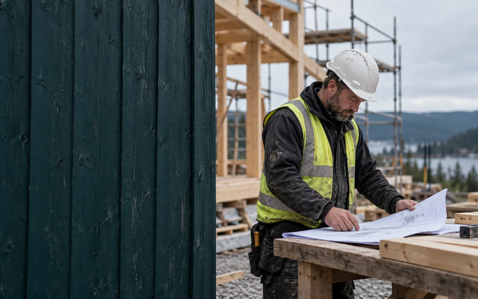 Generert illustrasjon av en tømrer som ser på arbeidstegningen på byggeplassen