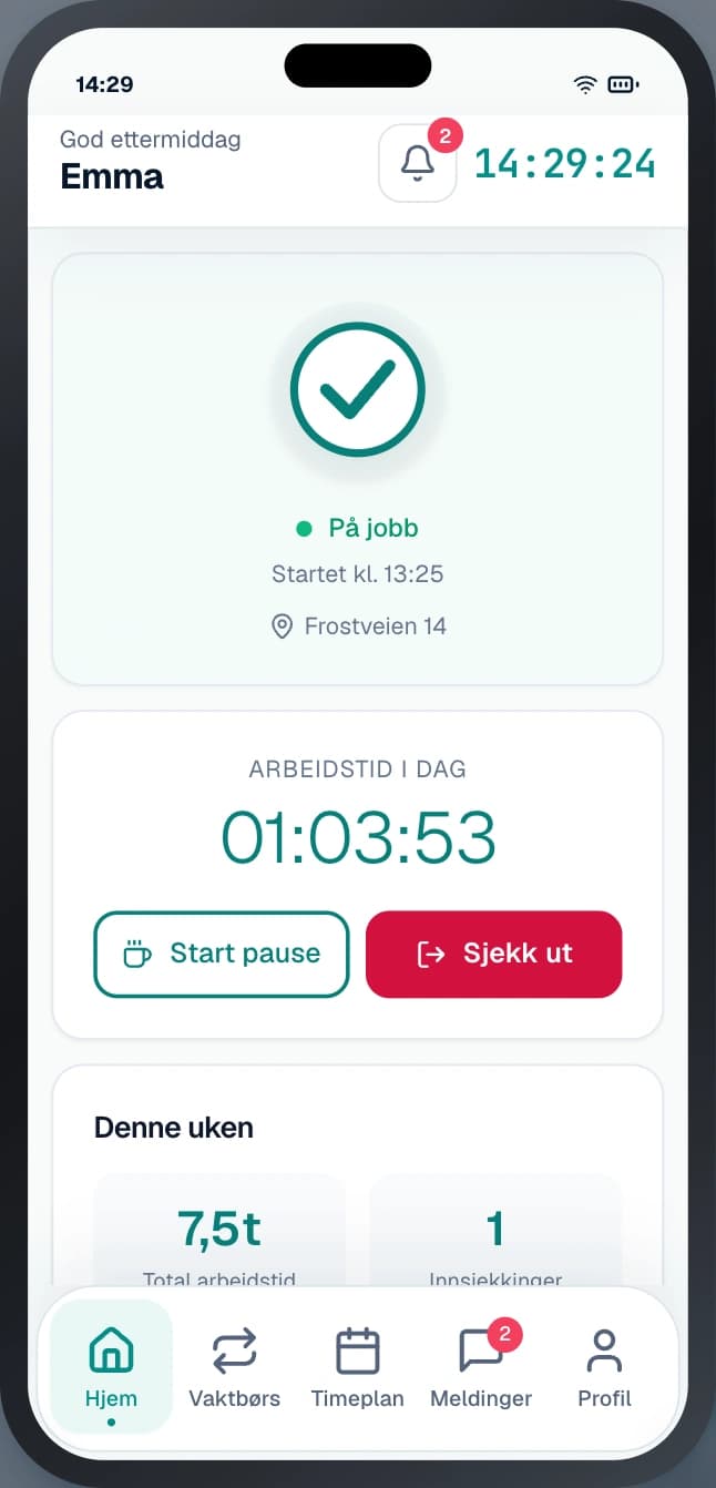 Skjermbilde fra TapInns offentlige ansattdemo med fiktive data