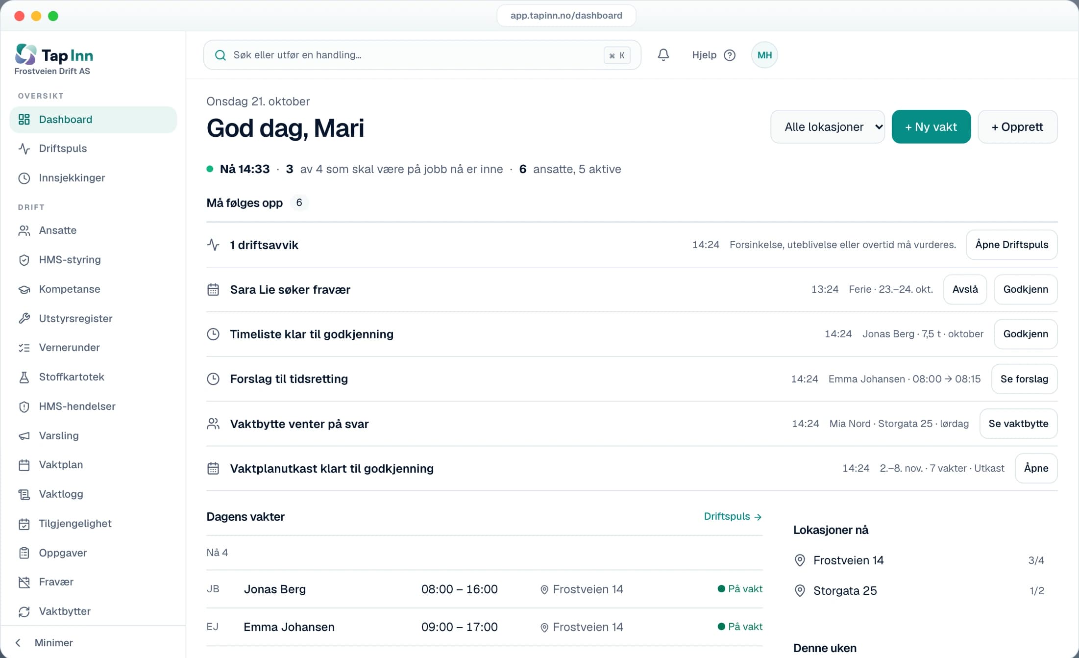 TapInn lederportal i offentlig demo med fiktive data, vist som eksempel på lederoppfølging