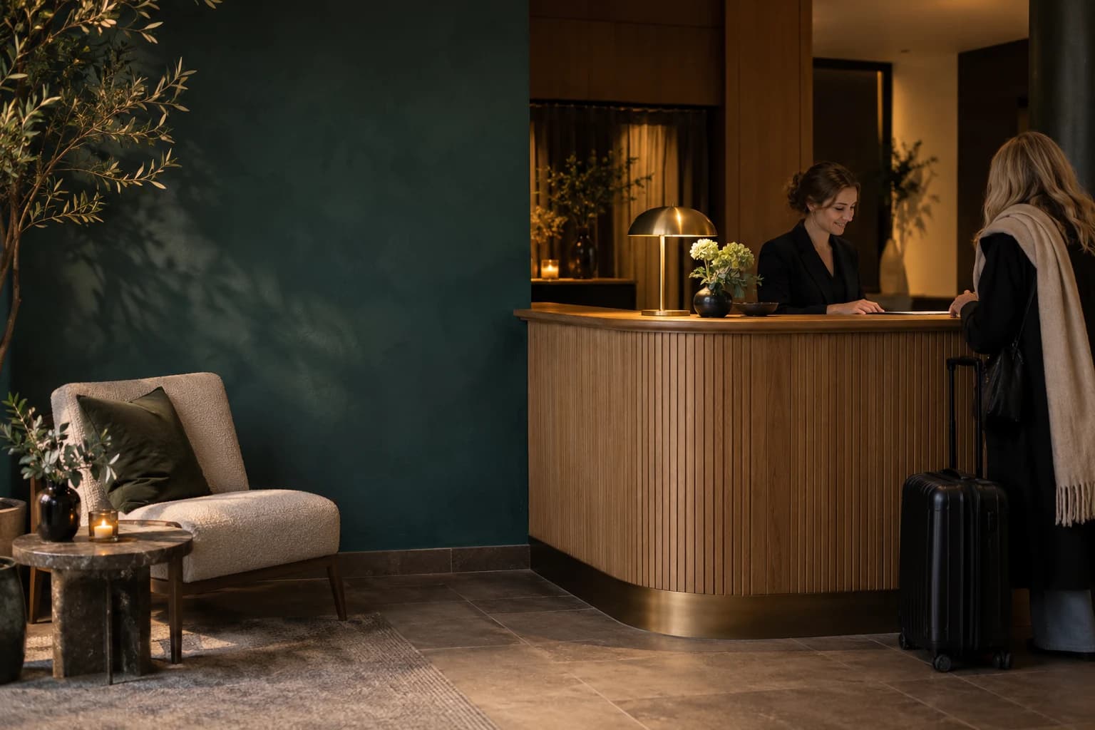 En hotellresepsjon med treverk, varm belysning og en gjest ved disken