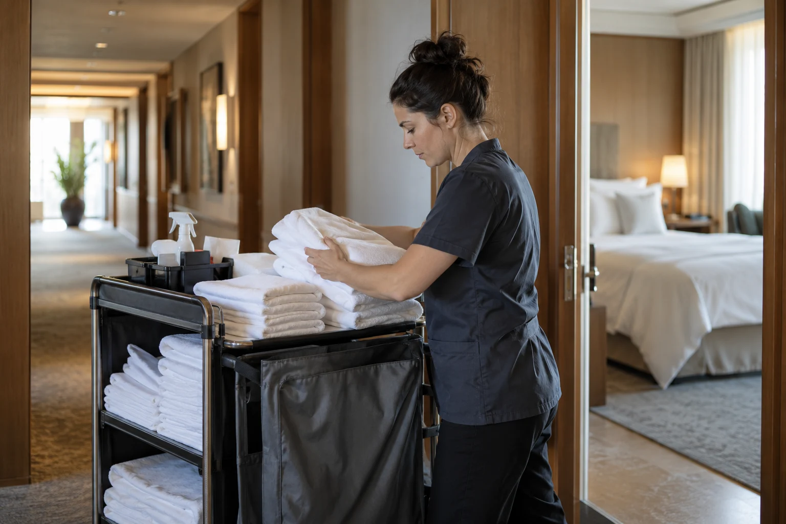 Hotellansatt gjør klart rene håndklær på en vogn utenfor et gjesterom