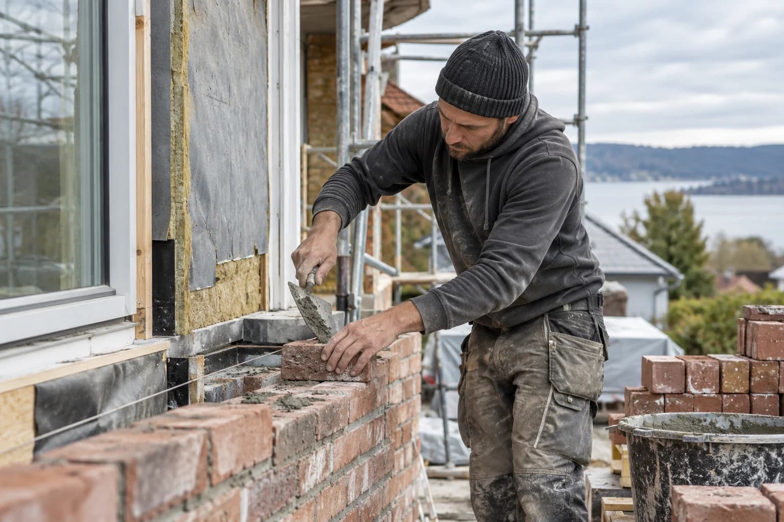 Murer arbeider med teglstein på byggeplass